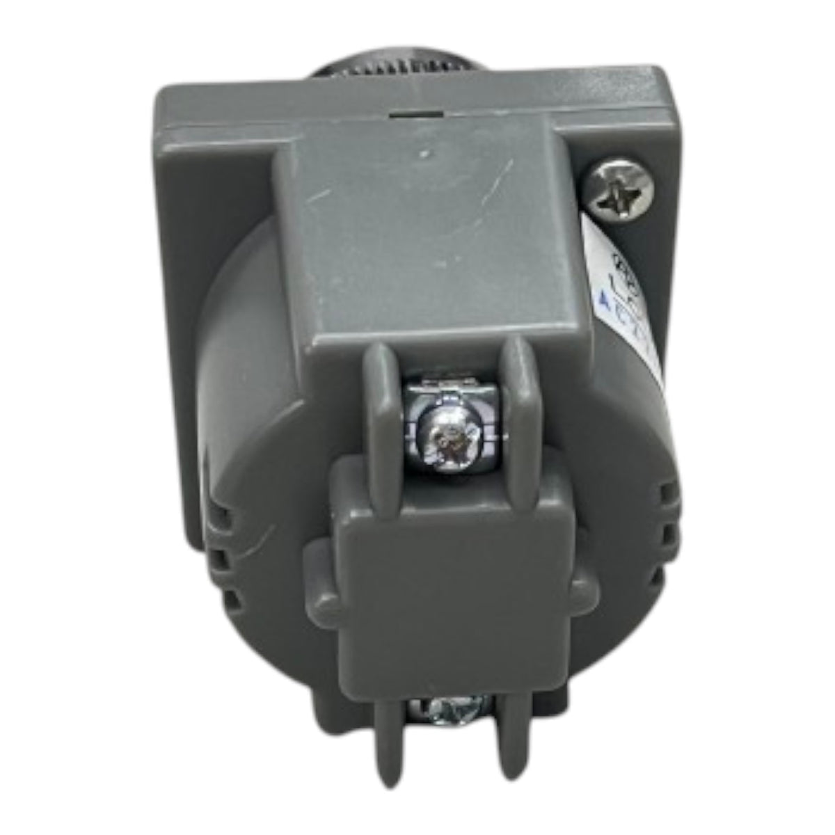 A gray plastic electrical terminal block or connector component with metal screw terminals and a white label, shown on a plain white background.