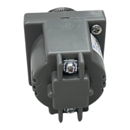 A gray plastic electrical terminal block or connector component with metal screw terminals and a white label, shown on a plain white background.
