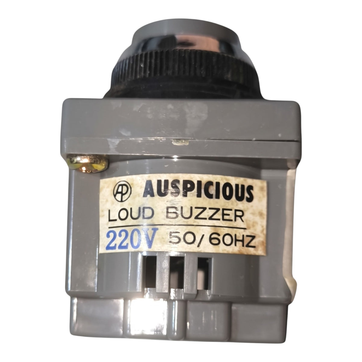 A small gray plastic electrical component labeled 'AUSPICIOUS LOUD BUZZER 220V 50/60HZ' with a black ribbed top, photographed on a plain white background.