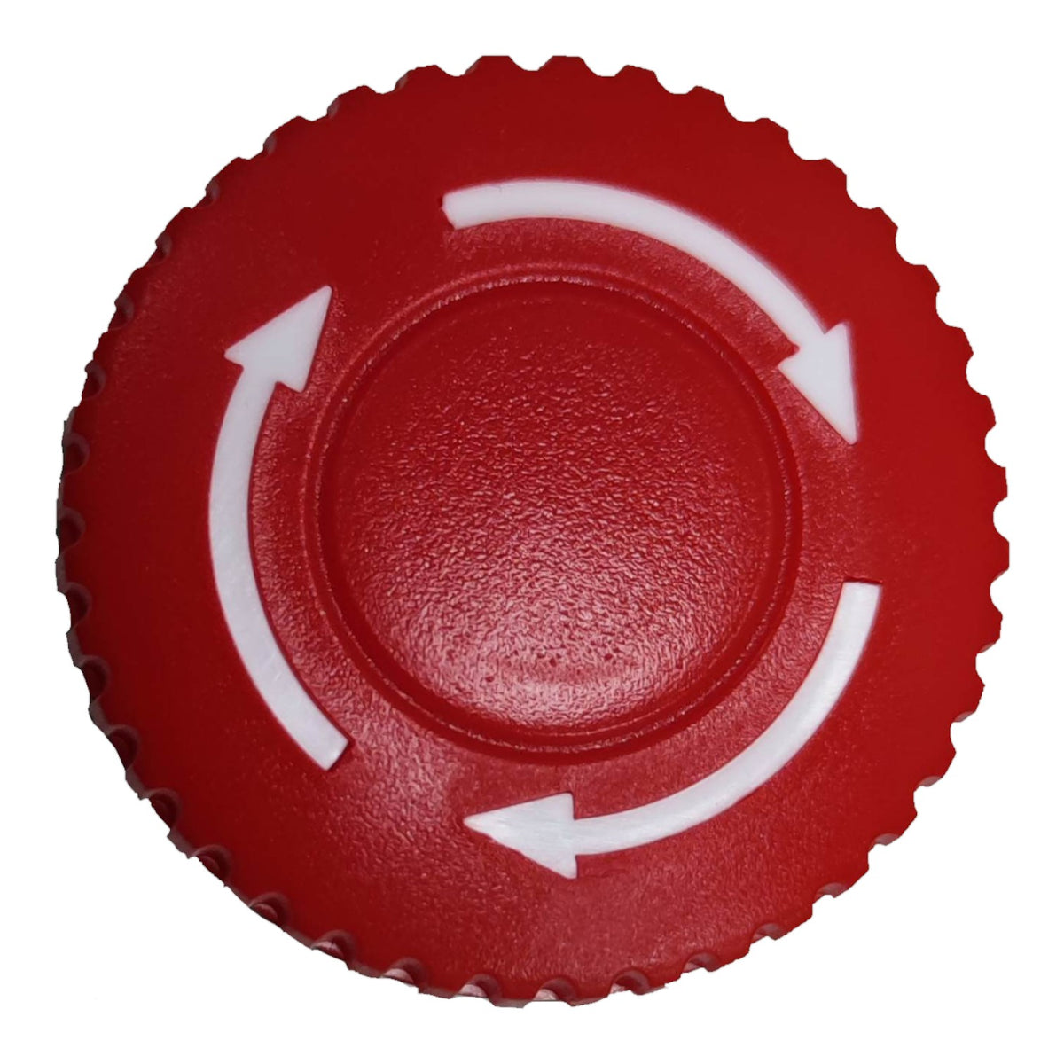 A red circular plastic cap with a serrated outer edge, featuring white arrows indicating a clockwise rotation direction, isolated on a white background.