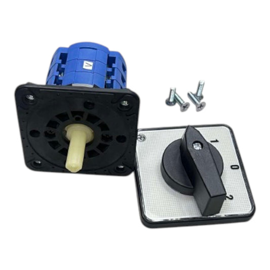 A small electric motor assembly with a blue motor housing, black mounting base, cream-colored shaft, and a separate black rotary switch on a white grid backing, shown with three silver screws on a white background.