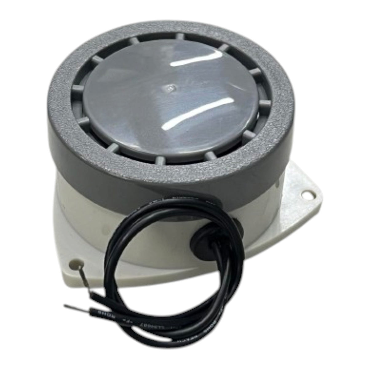 A circular industrial electronic component with a gray textured outer ring, a clear top cover, a white base, and a coiled black wire, shown on a plain white background.