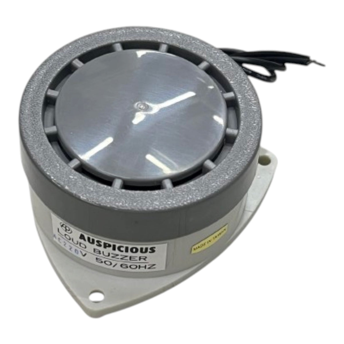 A circular industrial electronic buzzer with a gray textured outer ring, a clear top cover, and a white mounting base. A white label on the front reads 'AUSPICIOUS' and 'IC Buzzer 5V/6V 50/60HZ'.