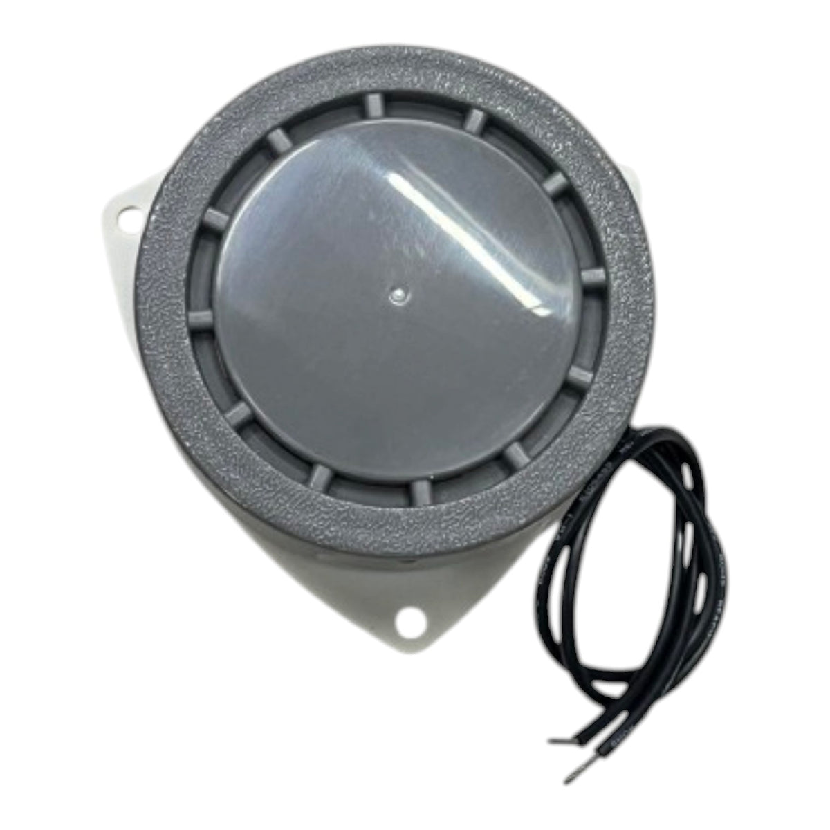 A circular gray electronic sensor or alarm unit with a mounting bracket and attached black wires, shown on a plain white background.