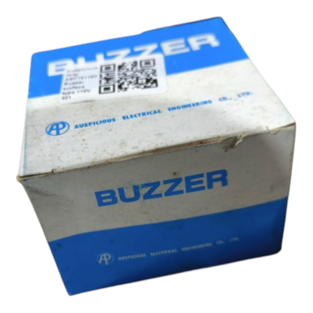 A white cardboard box with blue bands and the brand name 'BUZZER' printed prominently on the top and front, photographed on a plain white background.