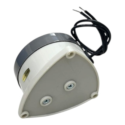 A triangular plastic electrical component with a gray top cap, white base, and attached black wires, shown on a plain white background.