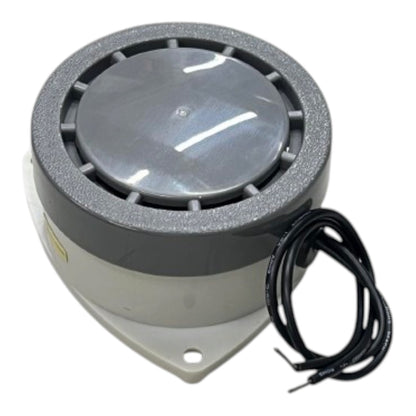 A circular industrial electronic component with a gray textured outer ring, a metallic gray top cover, and a white mounting base, shown with a coiled black wire on a plain white background.