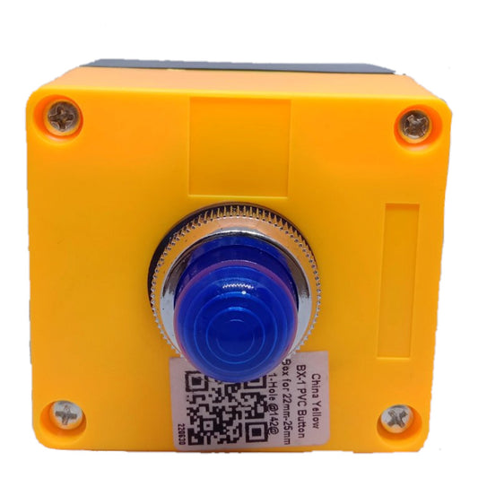 A square yellow plastic button box with a blue circular push-button in the center, secured with four screws on a white background.