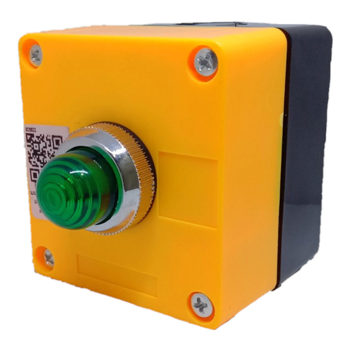 A square industrial push-button module with a bright yellow plastic housing, a green button, and a black side casing, shown on a white background.