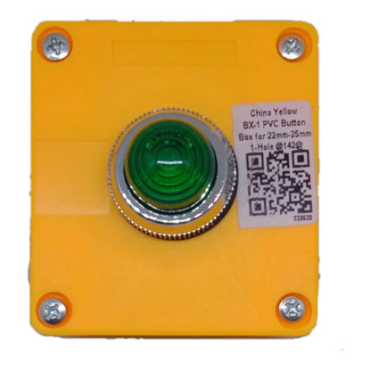 A square yellow industrial PVC push button panel with a central green button and silver metal bezel, shown on a plain white background with a product label sticker on the right.