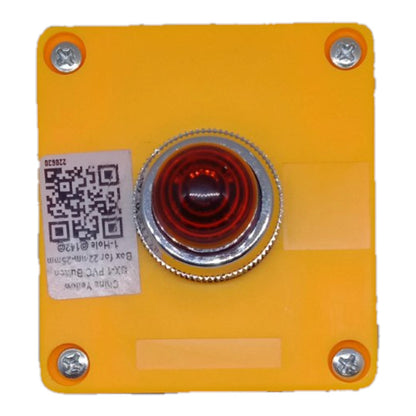 A square orange industrial push-button panel with a central red button and silver bezel, featuring four corner screws and a white product label with a QR code.