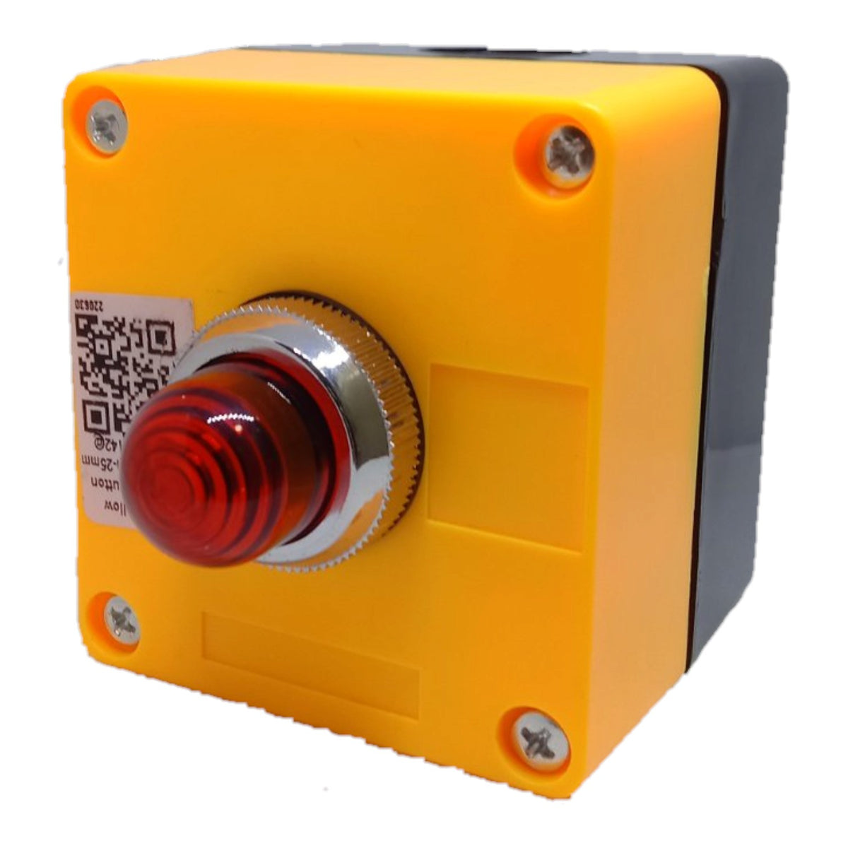 A square industrial push-button switch with a bright yellow plastic faceplate, a red lensed button, and a silver metal bezel, shown on a white background.