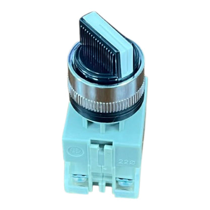 A light blue plastic rotary switch with a black textured top and a silver metal adjustment ring, isolated on a white background.