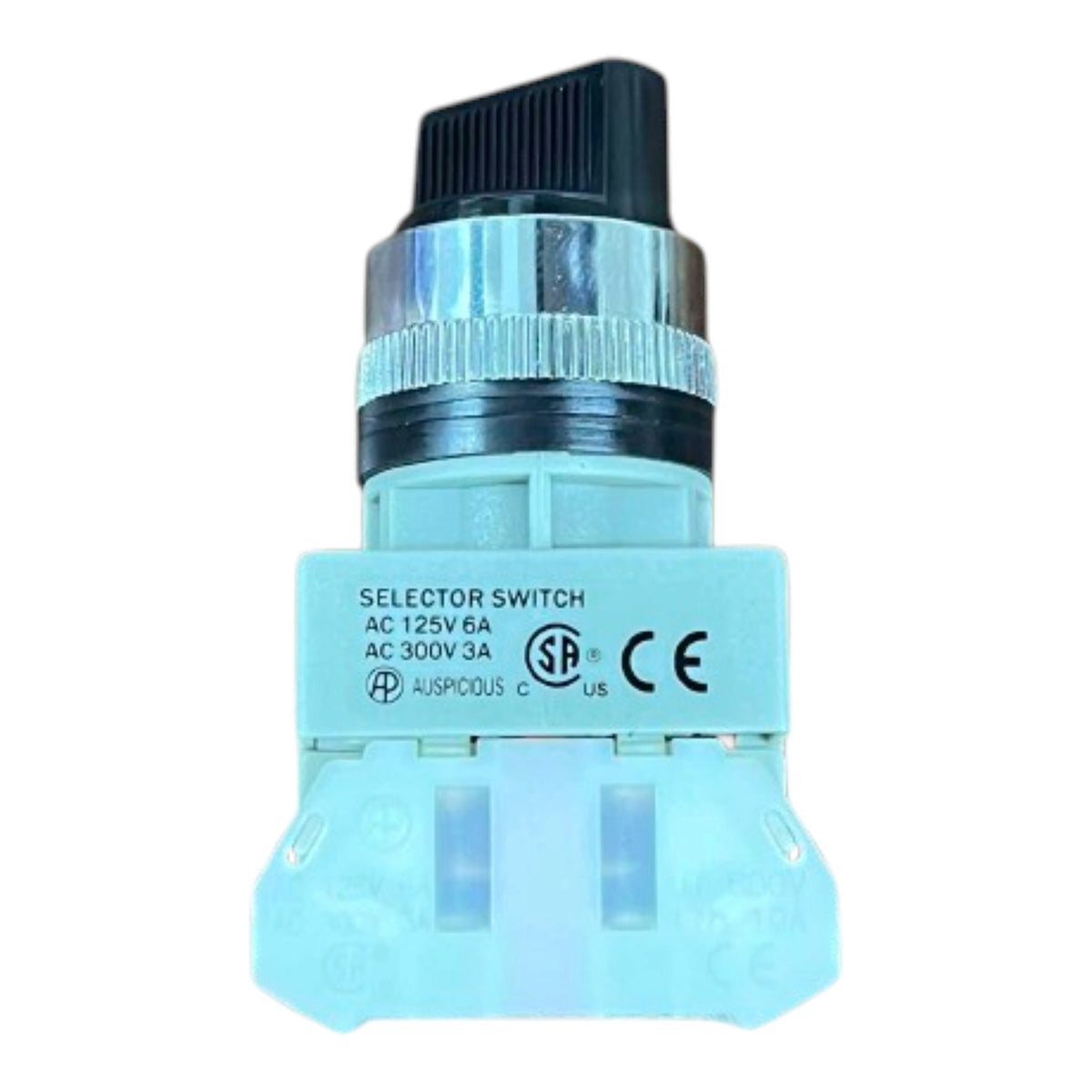 A light blue plastic industrial selector switch with a black ribbed top and a clear ribbed collar, featuring printed technical specifications and certification logos.