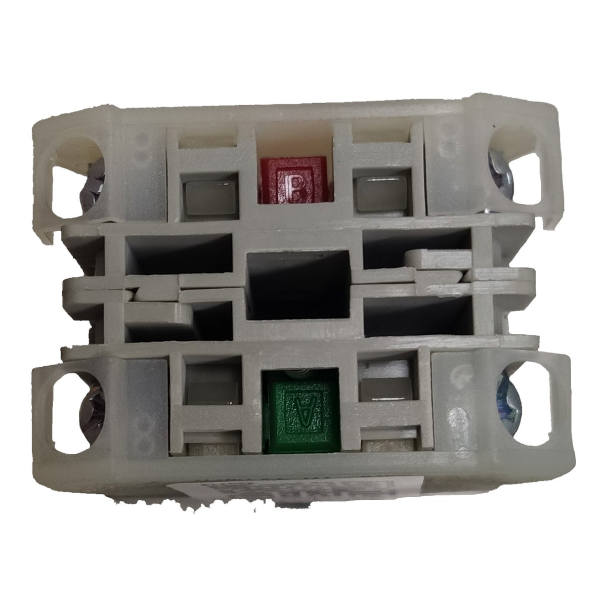 A plastic fuse holder or fuse compartment with two visible fuses, one red and one green, set against a plain white background.