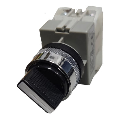 A small industrial electrical component or rotary switch module with a gray plastic housing, a black ribbed front cover, and a shiny silver metal ring, shown on a plain white background.