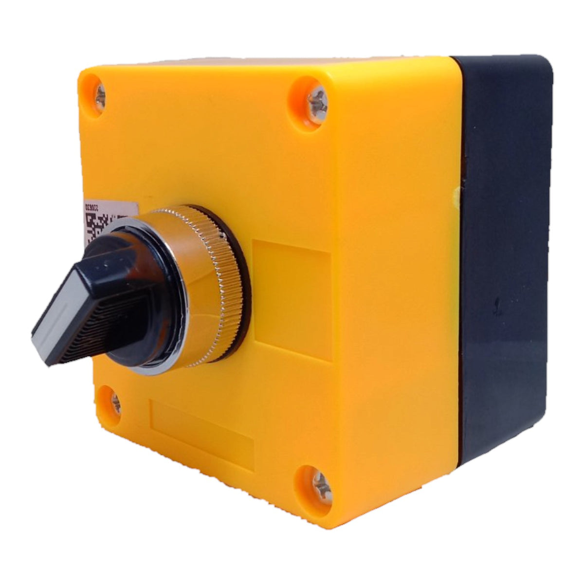 A square industrial electrical switch module with a bright yellow plastic housing, a black side panel, and a black rotary knob with a silver adjustment ring.