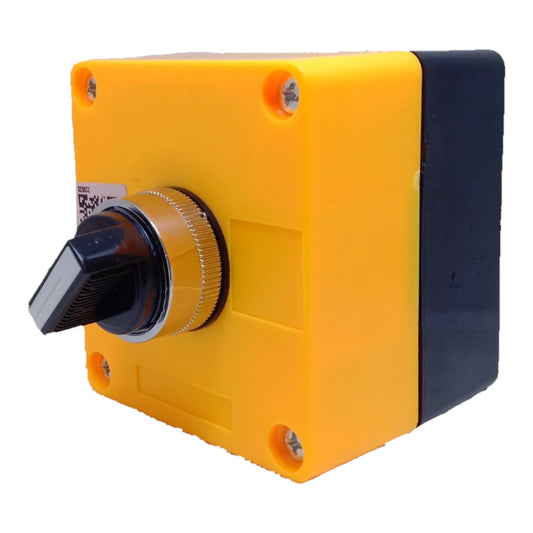 A square industrial electrical switch module with a bright yellow plastic housing, a black side panel, and a black rotary knob with a silver adjustment ring.