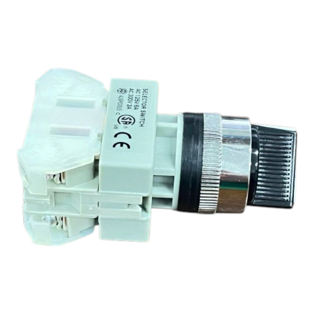 A small industrial electrical push-button switch with a white plastic housing, a black and silver textured ring, and a black ribbed button head, shown on a plain white background.