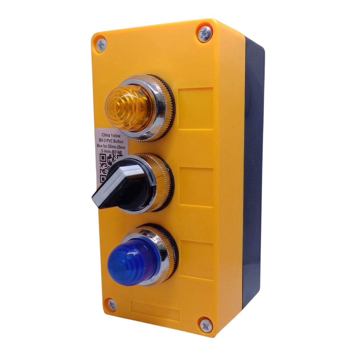 A yellow industrial control panel box with a black rotary switch, a yellow indicator light, and a blue button, isolated on a white background.