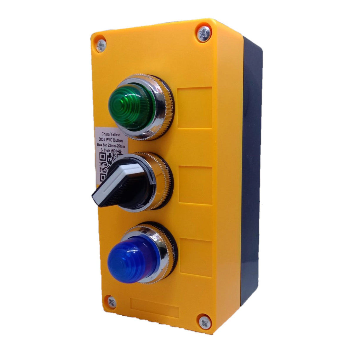 A yellow industrial electrical control panel featuring a black rotary switch and two push buttons: a green light button on top and a blue light button on the bottom, set against a plain white background.