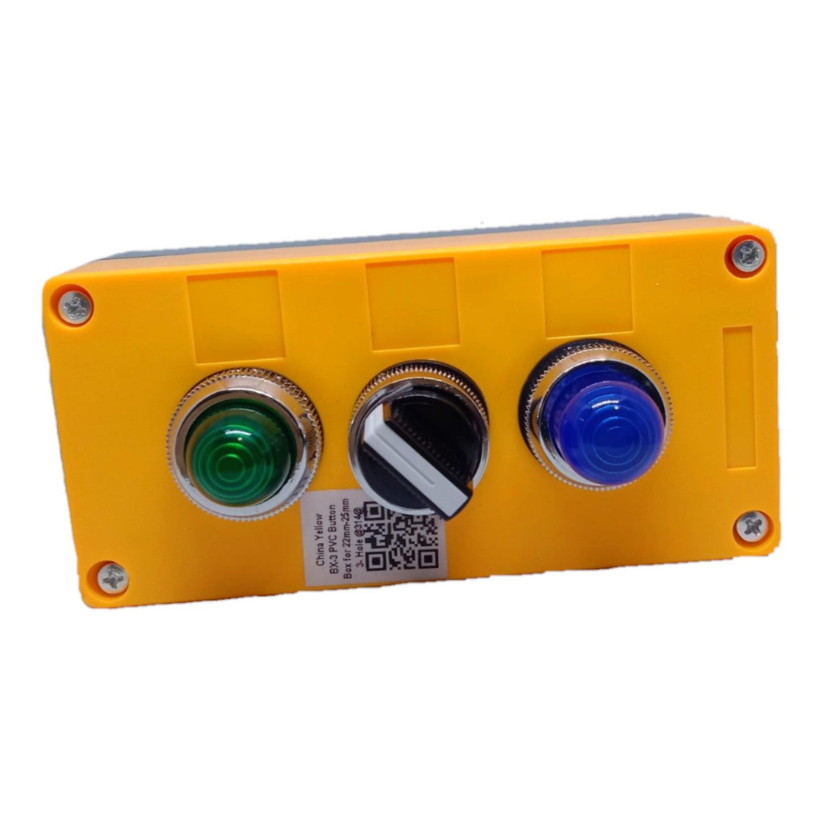 A yellow industrial control panel box with three push buttons: a green button on the left, a black central button with a white diagonal stripe, and a blue button on the right. The box has pre-drilled screw holes in the corners and a small white label with a QR code near the bottom center.