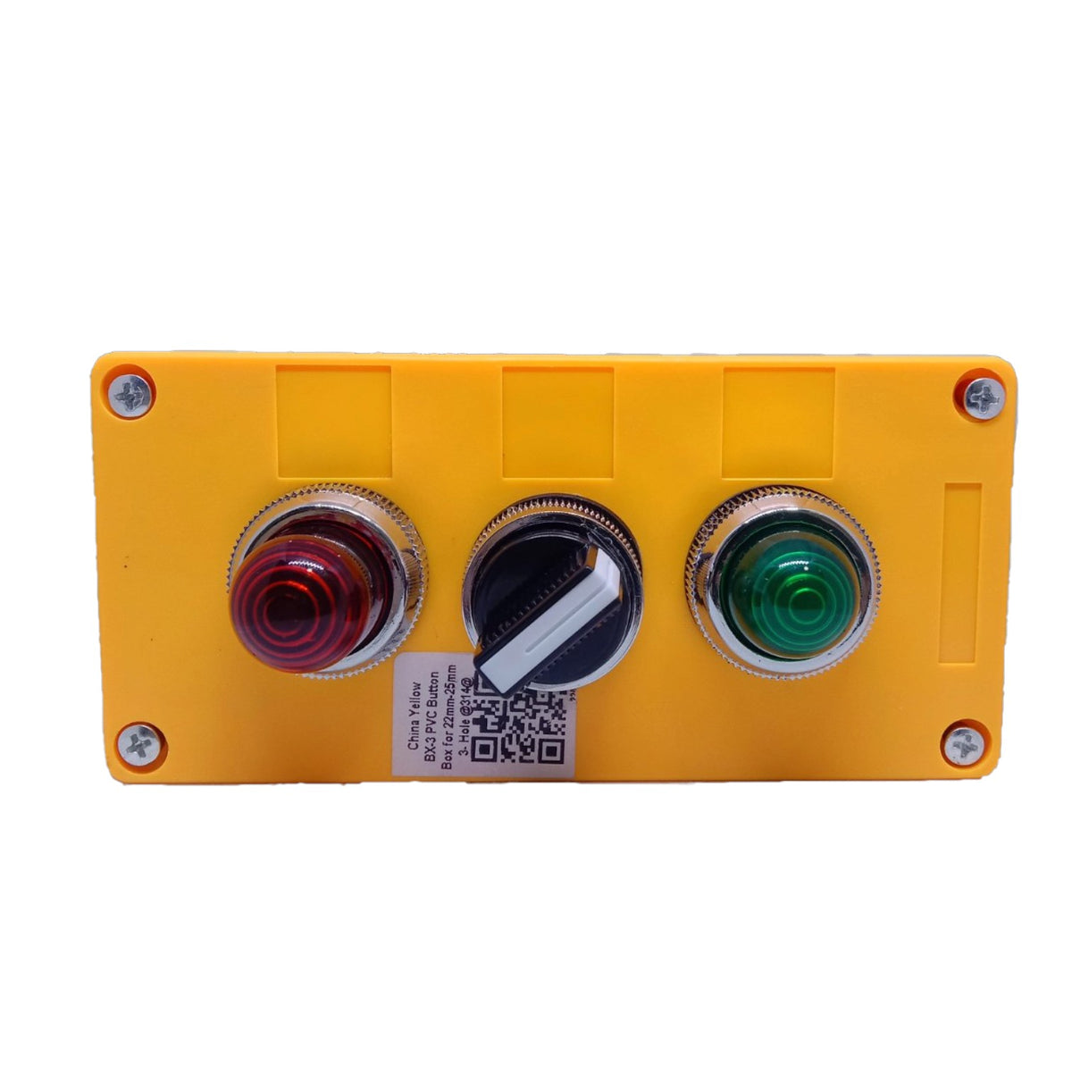 A yellow industrial electrical control panel featuring three round push buttons: a red button on the left, a black rotary switch in the center, and a green button on the right, secured with four silver screws on a white background.