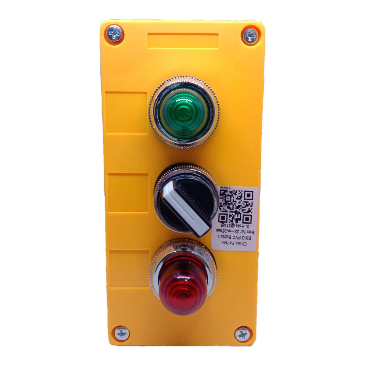 A yellow industrial control panel with three circular push buttons: a green button at the top, a black toggle button in the middle with a white diagonal indicator, and a red button at the bottom. The panel is secured with four silver screws in the corners and features a white label with a QR code on the right side.