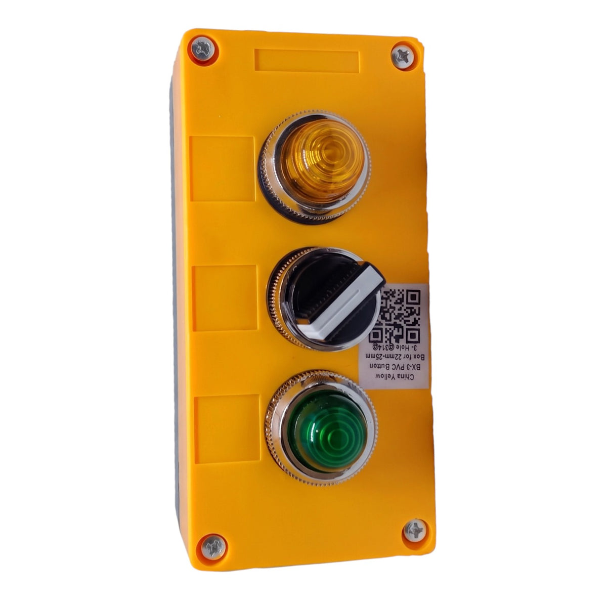 A yellow industrial electrical control panel featuring a vertical stack of three round buttons: a yellow top button, a black-and-white diagonal toggle in the middle, and a green bottom button. The panel is secured with four visible silver screws at the corners and has a white product label with a QR code on the right side.