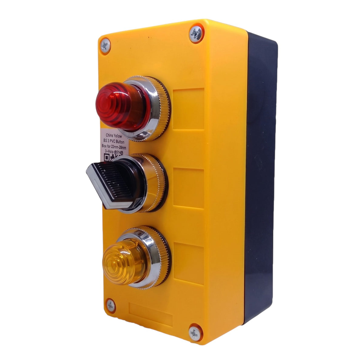 Industrial electrical control panel with a yellow faceplate, a red mushroom button, a black rocker switch, and a yellow indicator button on a white background.