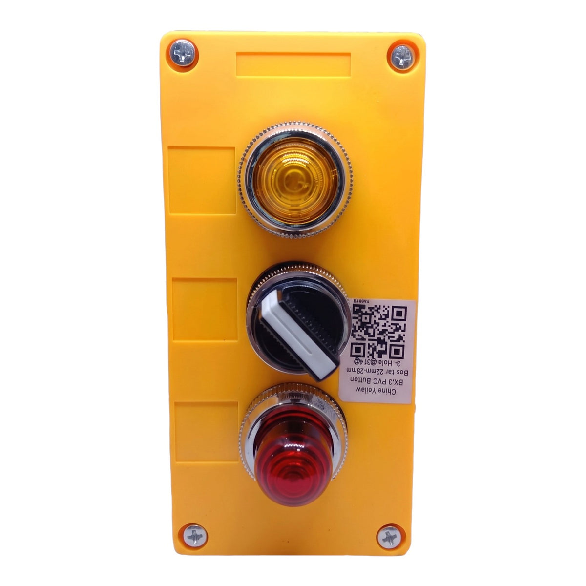 A yellow industrial electrical control panel featuring a vertical stack of three round push buttons: a yellow amber button on top, a black and white toggle in the middle, and a red button on the bottom. The panel is secured with four silver screws at the corners and has a white label with a QR code on the right side.