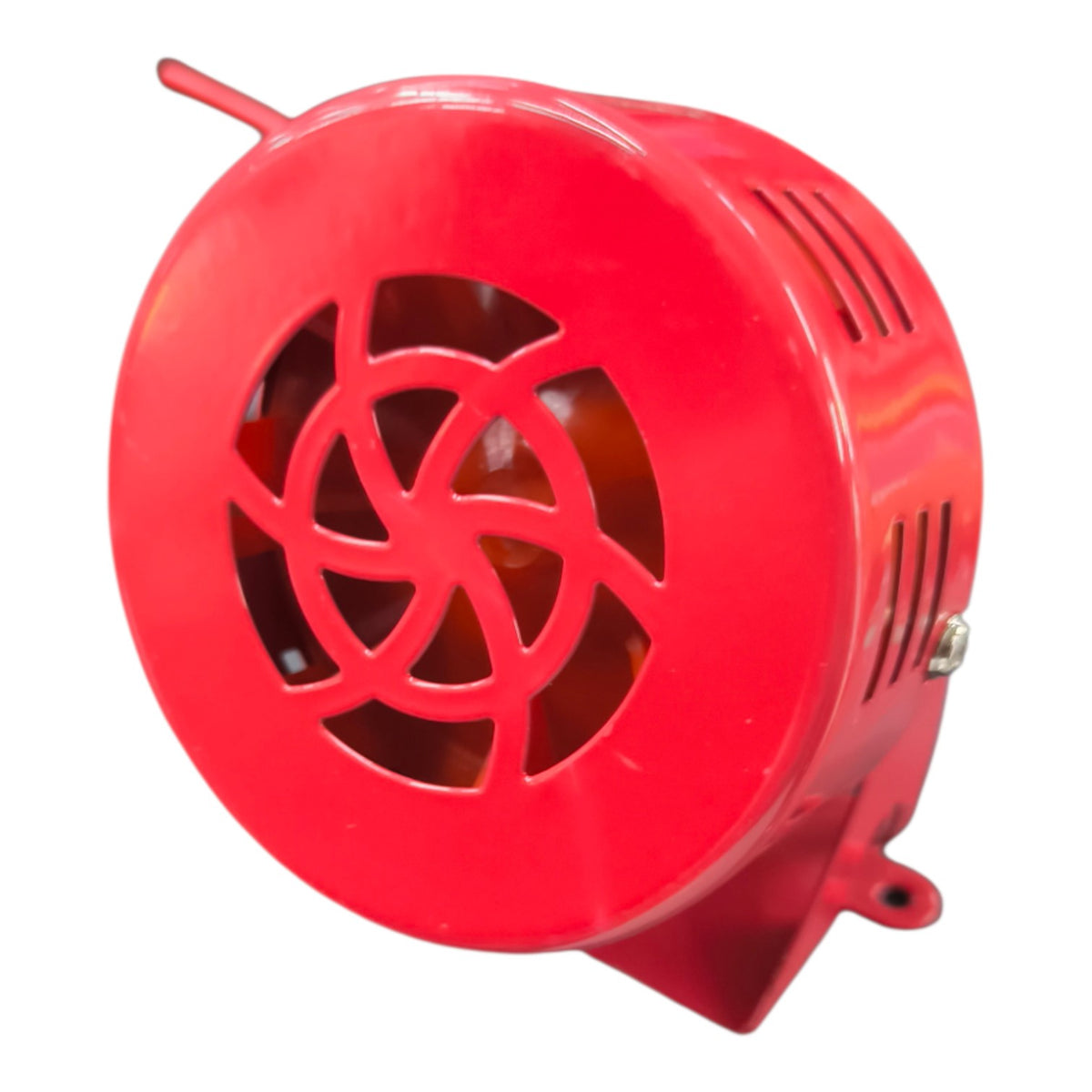 A bright red plastic fire alarm bell with a circular front grille and side ventilation slots, isolated on a white background.