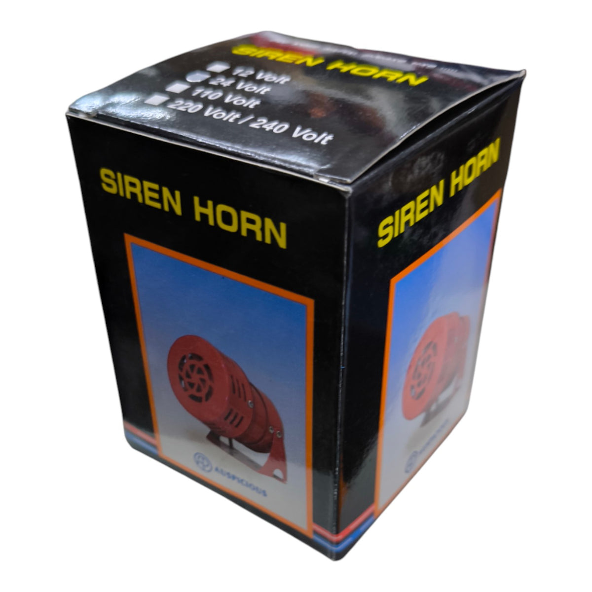 A black retail box for a siren horn, featuring yellow 'SIREN HORN' text and a photo of a red horn on a blue panel. The box is photographed on a plain white background.