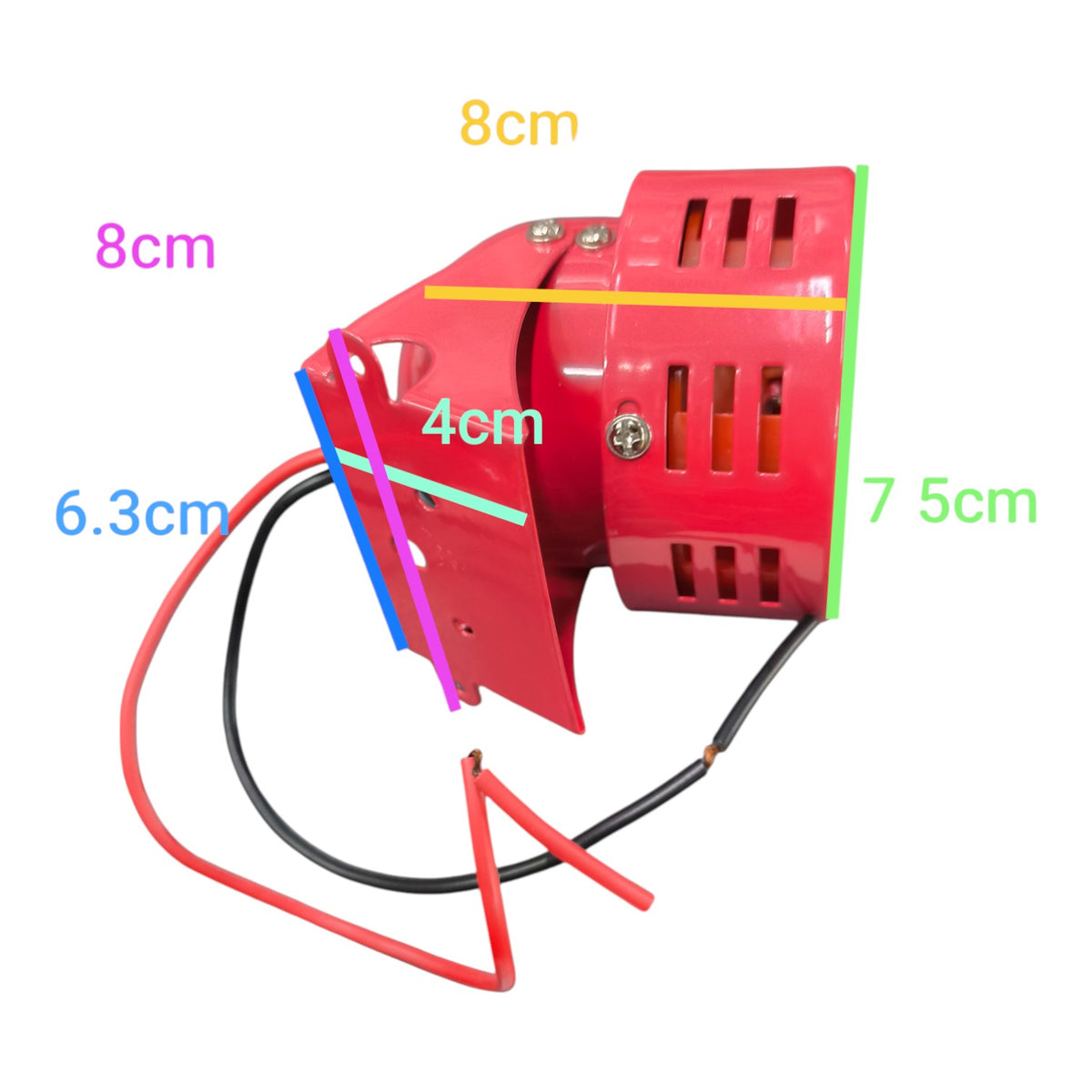 A red metal signal or alarm device with attached red and black wires, shown on a white background with colored measurement lines and text labels indicating dimensions such as 8cm, 4cm, 6.3cm, and 7.