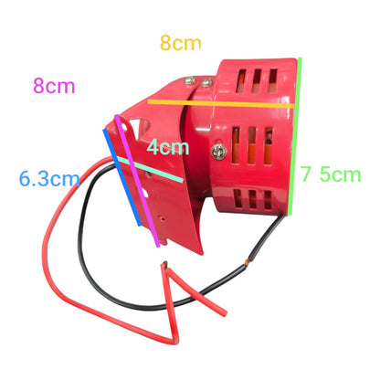 A red metal signal or alarm device with attached red and black wires, shown on a white background with colored measurement lines and text labels indicating dimensions such as 8cm, 4cm, 6.3cm, and 7.