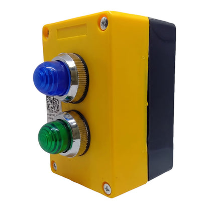 A yellow industrial control box with a black side panel, featuring two push buttons: a blue LED indicator button on top and a green start button below, both with silver metal bezels.