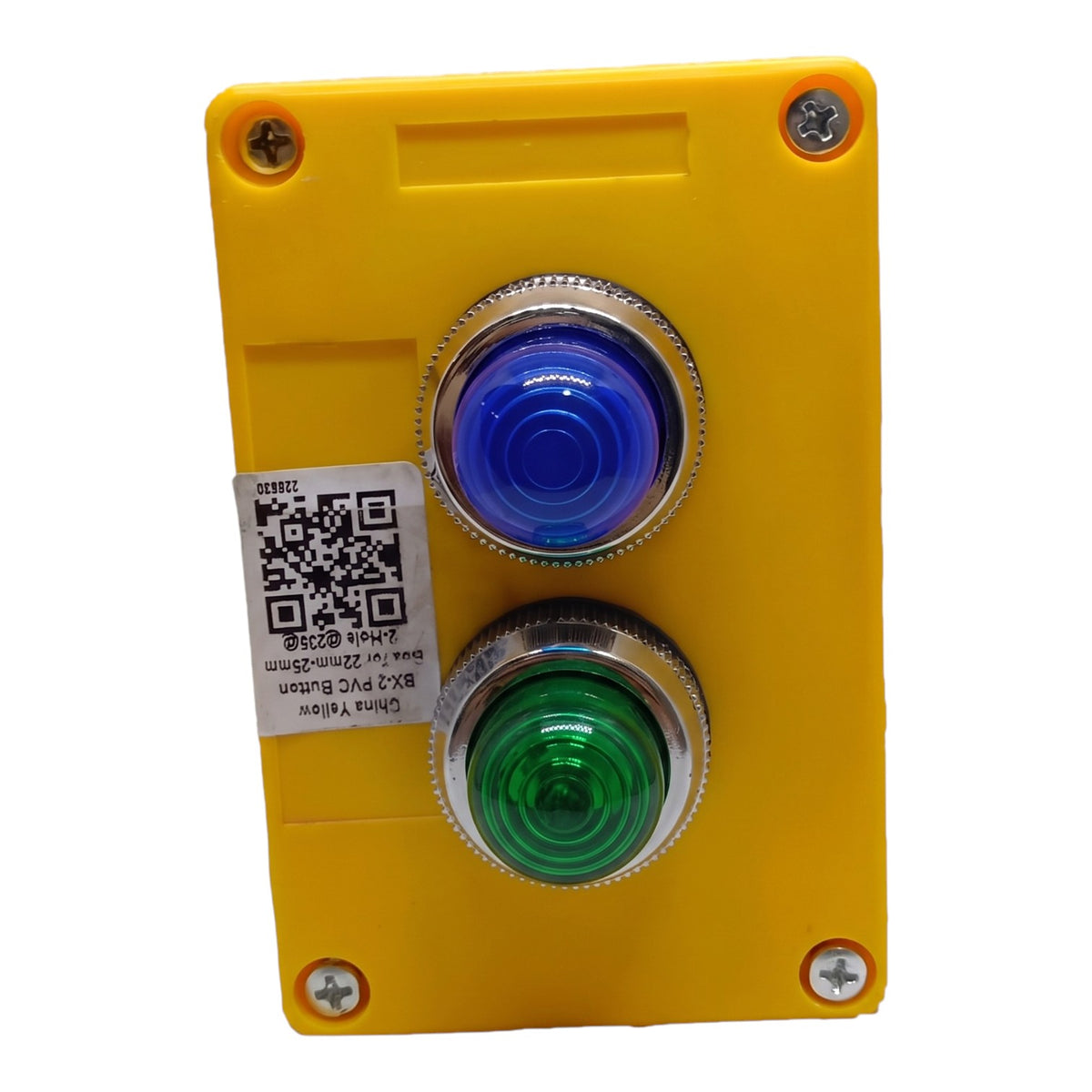 A yellow industrial control panel with two large push buttons, one blue and one green, on a white background.