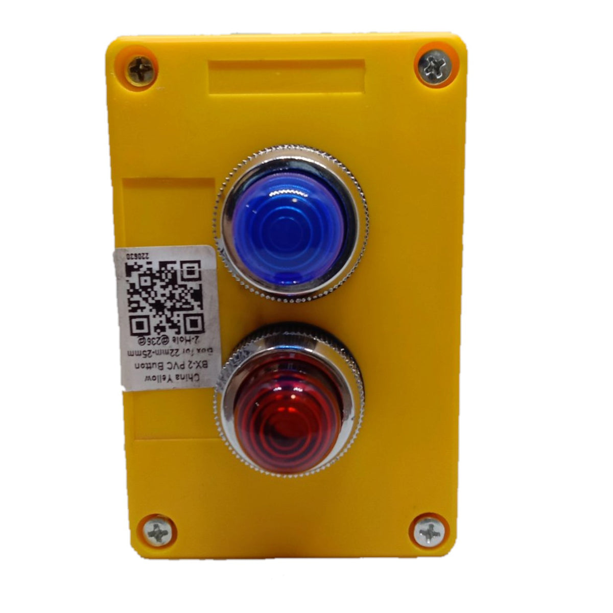 A yellow industrial plastic control panel featuring two large push buttons, one blue and one red, with a white QR code label on the left side.