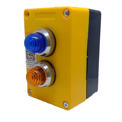 A yellow industrial electrical control box with a blue push-button and an orange push-button, set against a plain white background.