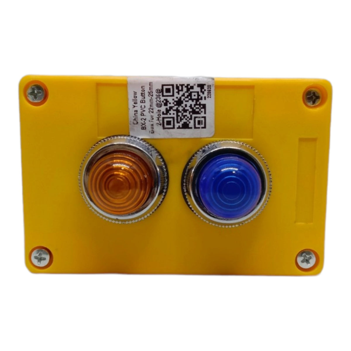 A yellow plastic industrial push button panel featuring two round buttons, one with an amber/orange lens and one with a blue lens, both with silver metal bezels. A white label with a QR code is attached near the top.