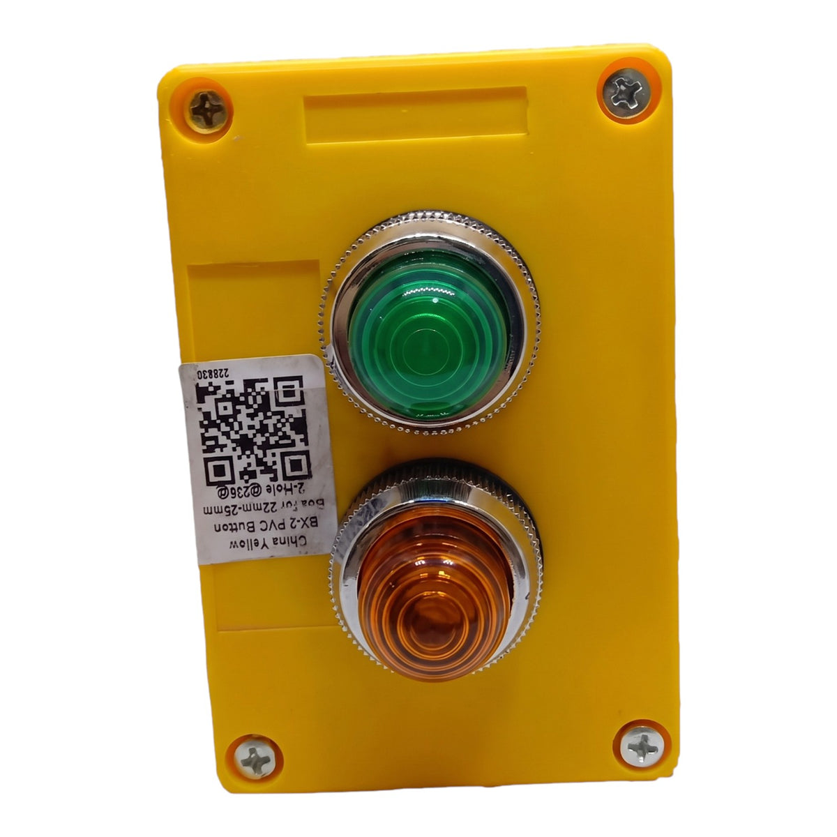 A yellow industrial push-button panel with two round buttons, one green and one amber, mounted on a yellow plastic housing with screws in the corners. A white QR code label is attached on the left side.