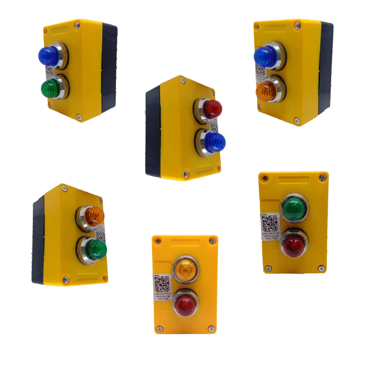 Six yellow industrial push-button control boxes with black side panels and various colored buttons (blue, green, red, orange) shown on a plain white background.