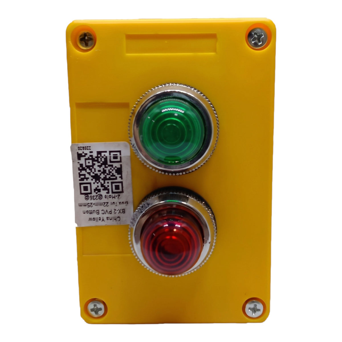 A yellow industrial push-button panel featuring two round buttons with silver-rimmed faces, one green and one red, mounted on a yellow faceplate with screw holes. A white QR code sticker is visible on the left side.