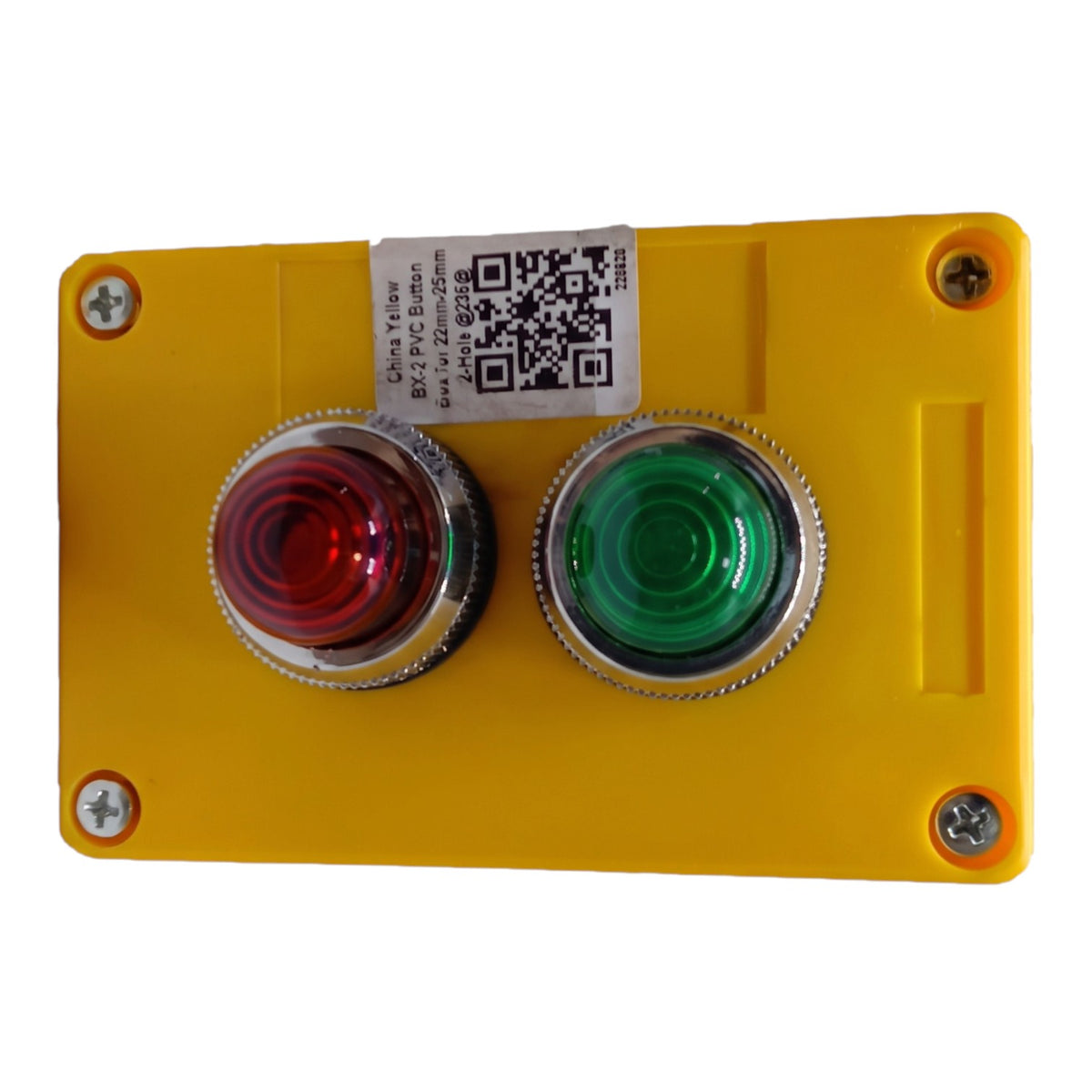 A yellow industrial push-button panel with a red emergency stop button on the left and a green start button on the right, secured with screws and featuring a white QR code label.