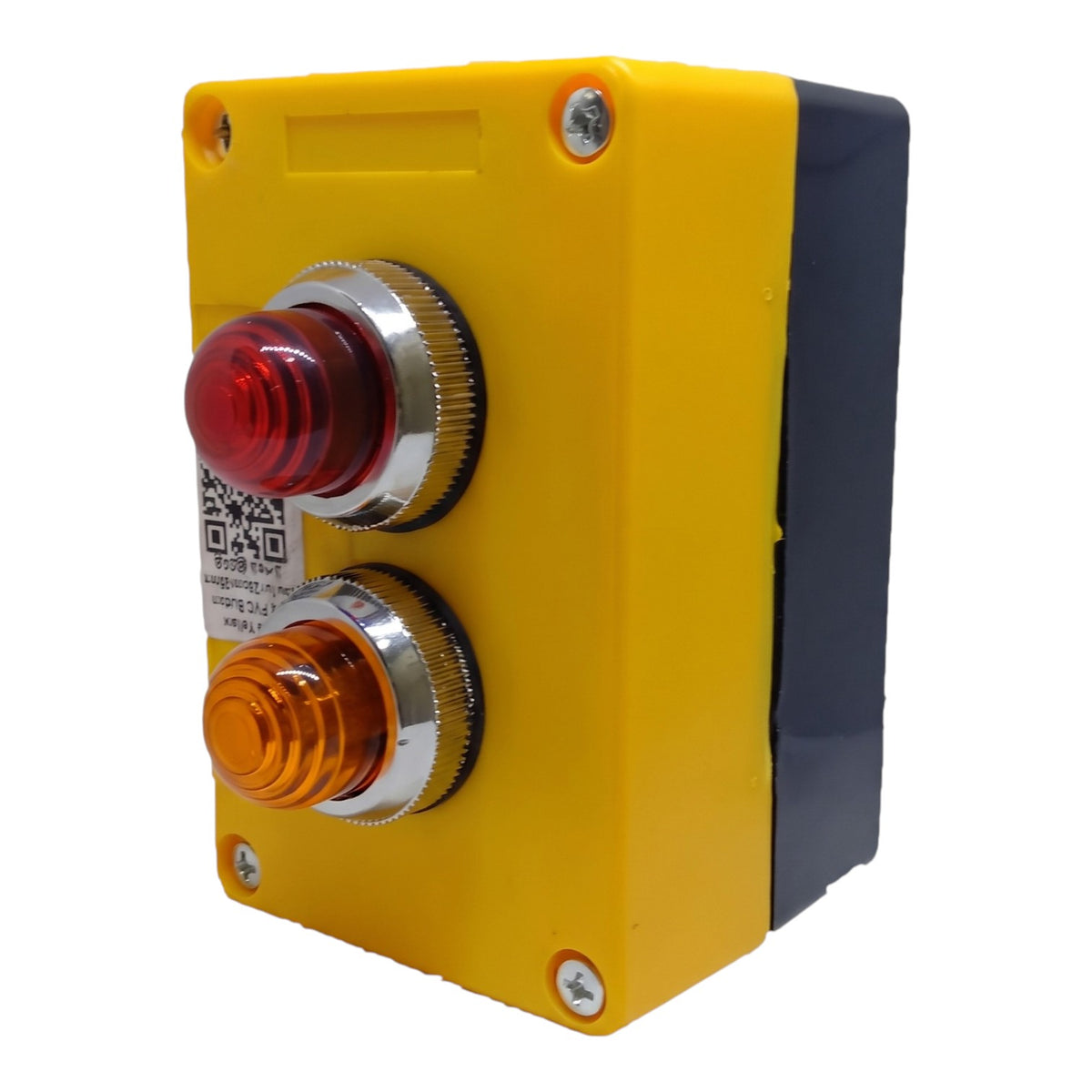 Industrial dual-button control panel with a yellow faceplate, a red emergency stop button on top, an amber button below, and a dark gray side housing, shown on a white background.