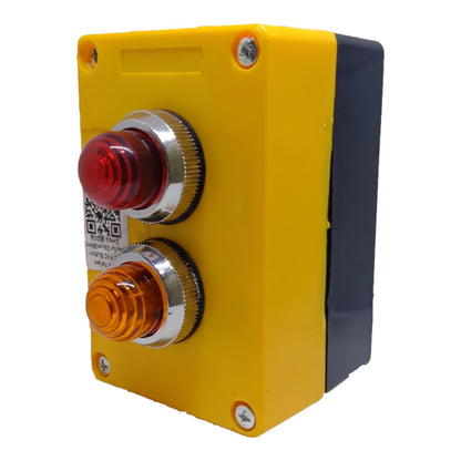Industrial dual-button control panel with a yellow faceplate, a red emergency stop button on top, an amber button below, and a dark gray side housing, shown on a white background.