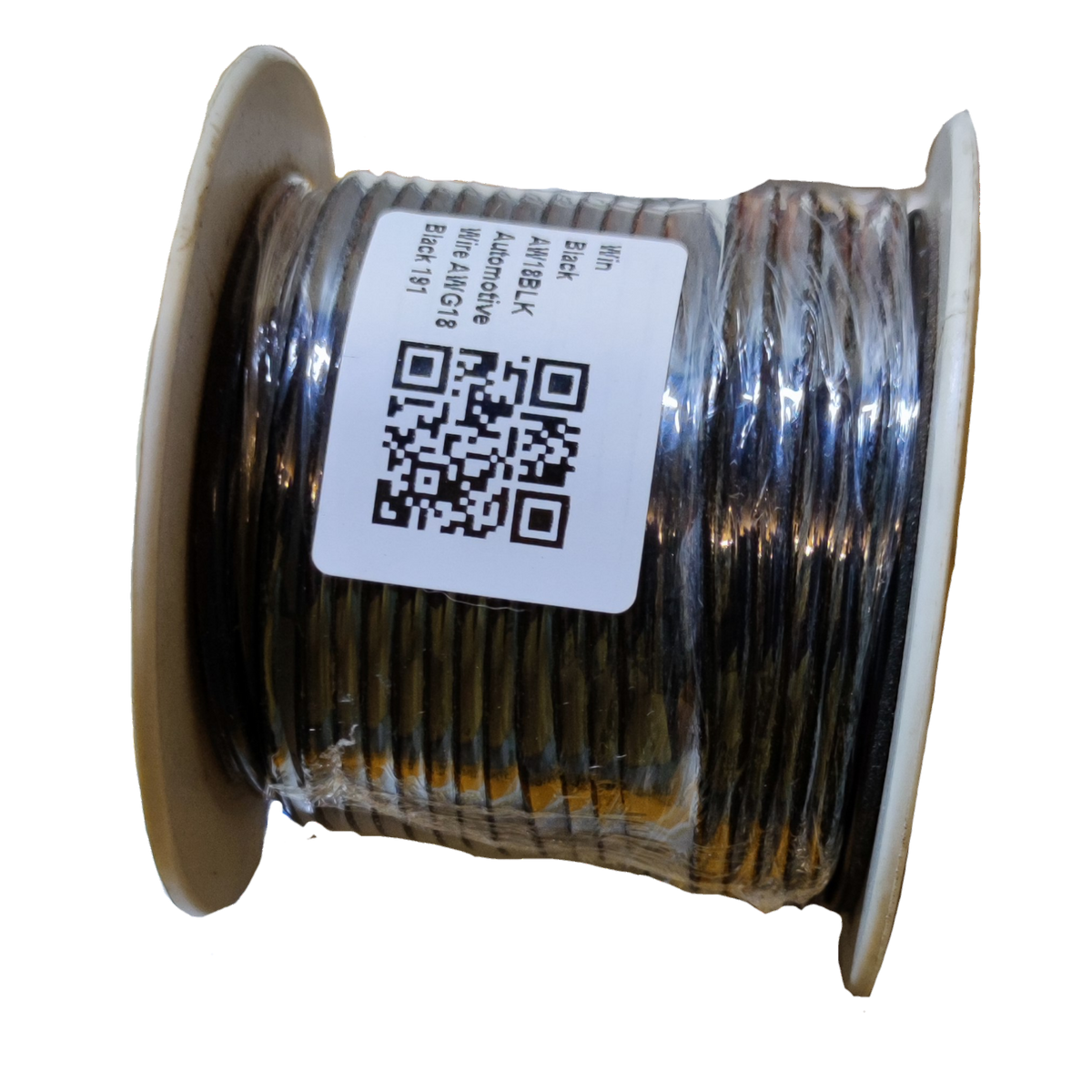 Win clear insulated automotive wire roll on white plastic spool with QR code label and clear insulation