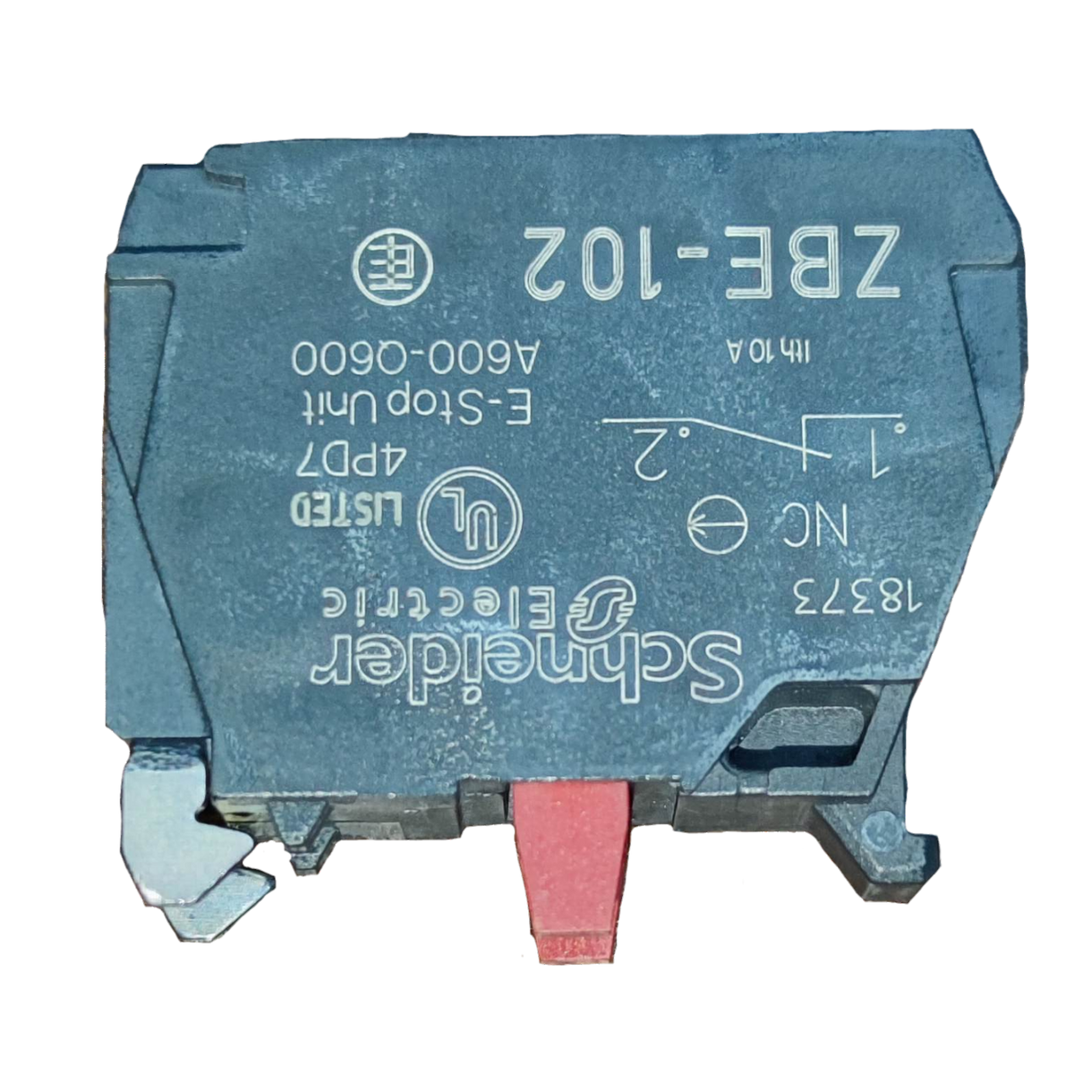 Schneider auxiliary contact block NC model ZBE-102 with red actuator and electrical specifications