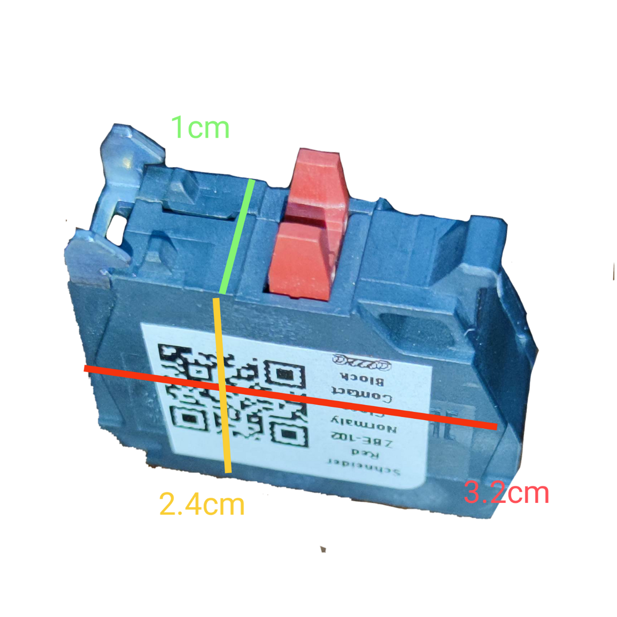 Schneider auxiliary contact block NC in black with red switch component and size dimensions