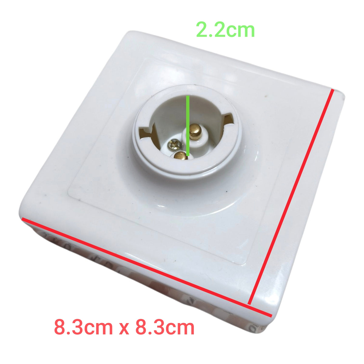 White ceramic electrical outlet cover plate with dimension annotations showing 2.2cm height and 8.